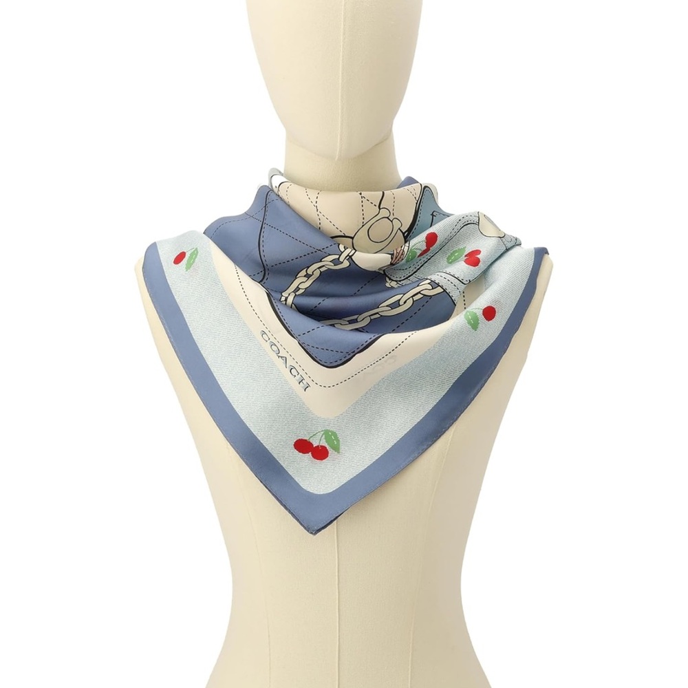 New Coach Blue and Cream Tabby Cherry Print Silk Scarf - Picture 5 of 6